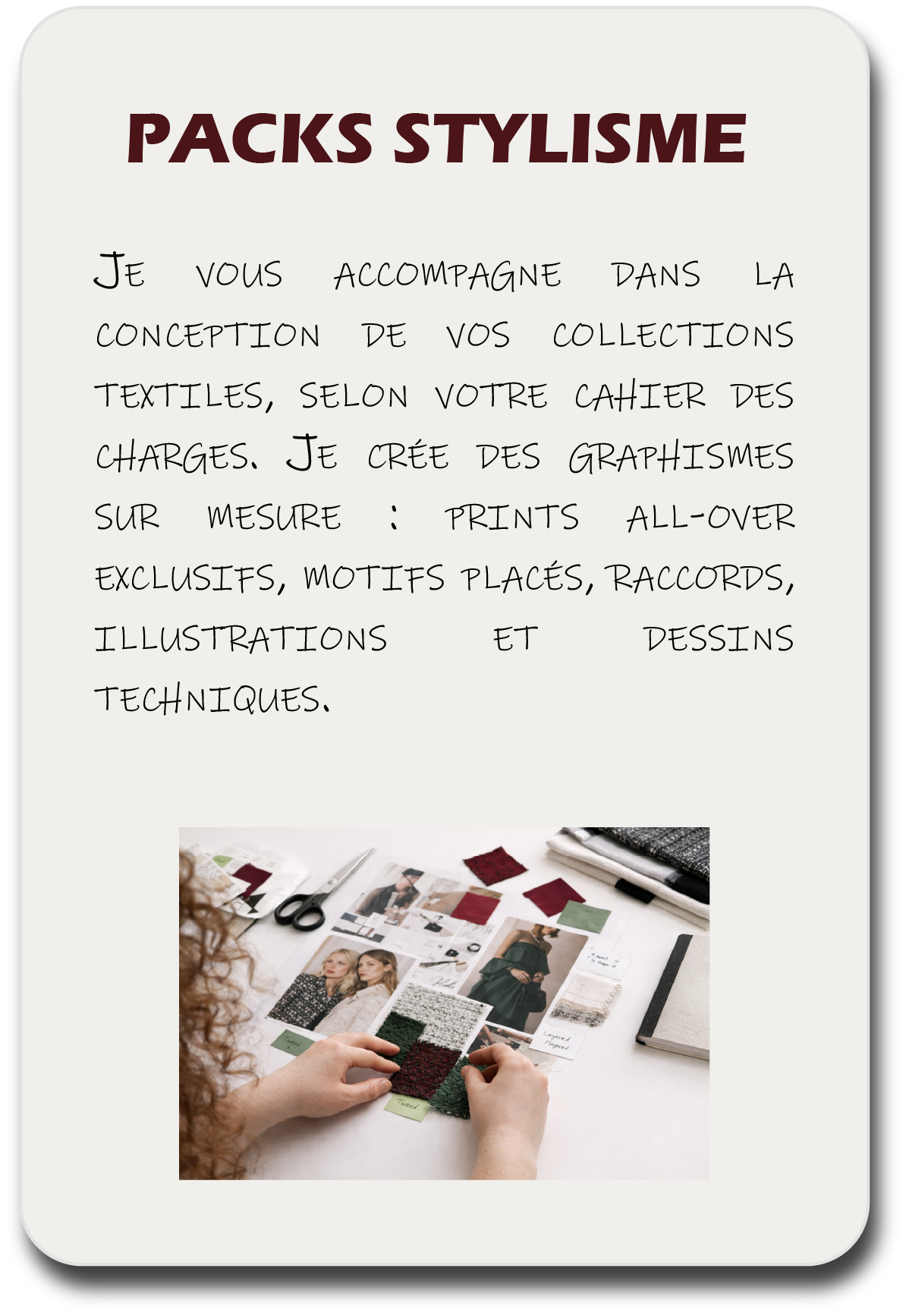 Packs stylisme : je vous accompagne dans la conception de vos collections textiles, selon votre cahier des charges. Je crée des graphismes sur mesure: prints all-over, motifs placés, raccords, illustrations et dessins techniques. Styliste FREELANCE